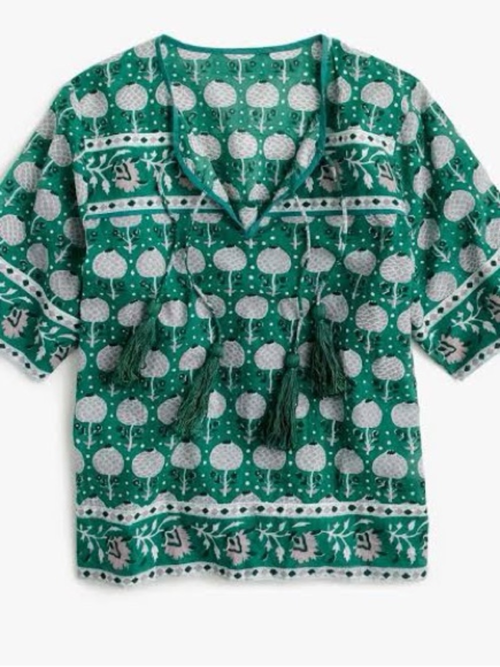 SZ Blockprints for J Crew Green Paisley Printed Tassel Blouse Womens Size M